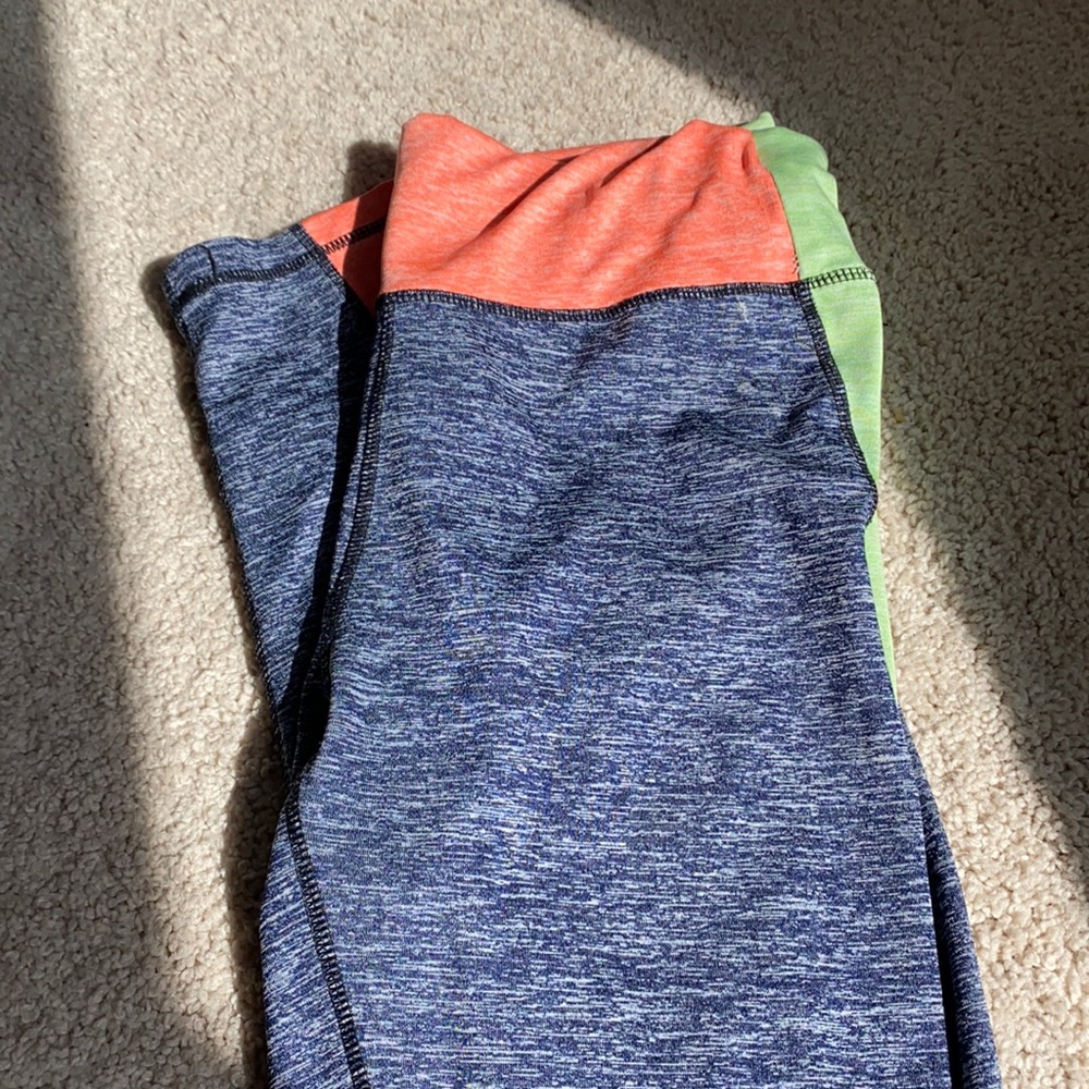 Comfortable grey, coral, and lime green leggings